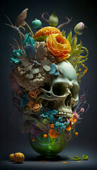 A Gothic Art Skull Head with Intricate Details and a Dark, Eerie Appearance Paired with Colorful Flowers in a Vase, made with Generative AI
