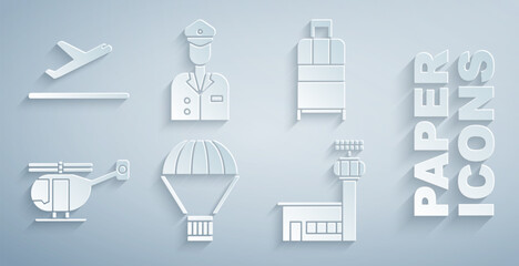 Set Box flying on parachute, Suitcase, Helicopter, Airport control tower, Pilot and Plane takeoff icon. Vector - obrazy, fototapety, plakaty