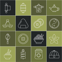 Set line Chinese hat, Lotus flower, Yin Yang, Sushi, Dumpling on cutting board, Decree, paper, parchment, scroll and Yuan currency icon. Vector