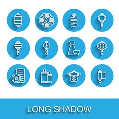 Set line Chinese Yuan currency, Firework, paper lantern, Yin Yang, Decree, paper, parchment, scroll, and tea ceremony icon. Vector