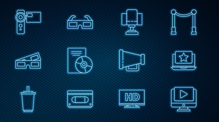 Set line Online play video, Laptop with star, Director movie chair, CD DVD disk, 3D cinema glasses, Cinema camera, Megaphone and icon. Vector