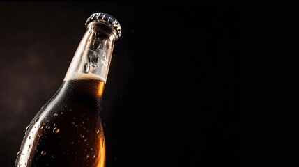 Fototapeta Bierflasche mit Wassertropfen auf schwarzem Hintergrund mit goldenen Farben, generative KI obraz