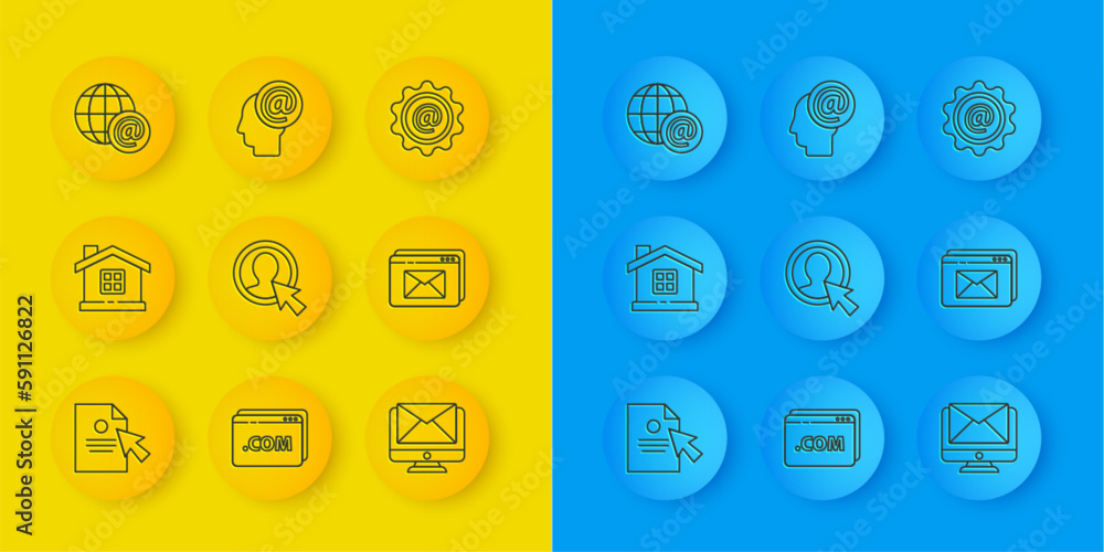 Aufkleber set line document and cursor, house, create account screen, monitor envelope, website, earth globe w