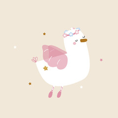 Duck prima ballerina with floral wreath. Cute childish graphic. Vector hand drawn illustration.