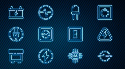 Set line Electric circuit scheme, High voltage, Light emitting diode, Electrical outlet, plug, Car battery, light switch and icon. Vector