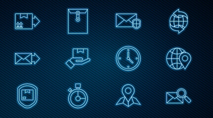 Set line Envelope with magnifying glass, Location on the globe, shield, Delivery hand boxes, Cardboard traffic symbol, Fast time delivery and icon. Vector