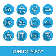 Set line Envelope, Wooden box, Search package, Shopping cart on computer, with dollar symbol, Delivery truck check mark, Warehouse and Carton cardboard icon. Vector