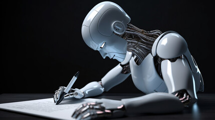 AI writing an essay, robotic, futuristic, android. Created using generative AI.