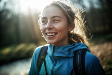 Smiling woman in casual wear in park doing sport