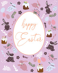 Happy Easter card, banner, border with cute Easter rabbits, eggs,easter cakes, spring flowers and leaves in pastel colors on light magenta background. Isolated Easter decoration elements