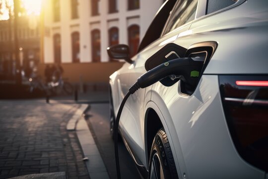 Electric car is charging in the city. Beautiful illustration picture. Generative AI