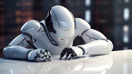 AI writing an essay, robotic, futuristic, android. Created using generative AI.