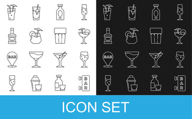 Set line Street signboard with Bar, Glass of champagne, Cocktail, Alcohol drink Rum, Whiskey bottle, and water icon. Vector