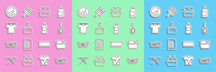 Set line Temperature wash, Basin with soap suds, Toilet brush, shirt, Dustpan, Drying clothes, Washer and Bottle for cleaning agent icon. Vector