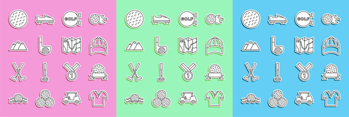 Set line Golf shirt, ball, Baseball cap, sport club, with, Mountains, and course layout icon. Vector