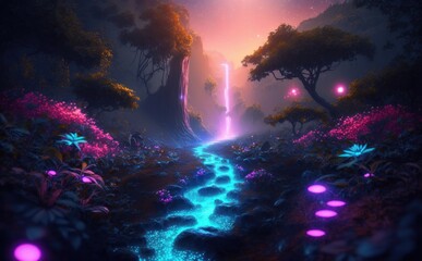 Colorful bioluminescence plants in the forest. Beautiful illustration picture. Generative AI