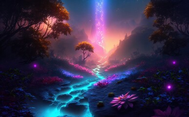 Fototapeta na wymiar Colorful bioluminescence plants in the forest. Beautiful illustration picture. Generative AI