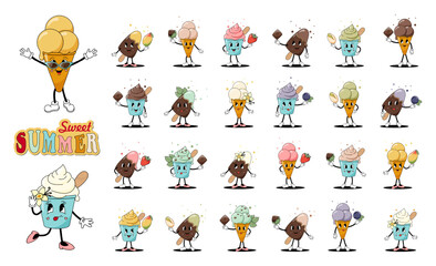 Ice cream character in a cone, in a cup, on a stick in 70s retro style. Big set. Mango, vanilla, strawberry, hazelnut, blueberry, pistachio, chocolate, mint, the best flavor collections.