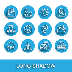 Set line Storm, Wind turbine, Rise water level, Nuclear power plant, Solar energy panel, Global warming, Barrel oil leak and Light bulb with leaf icon. Vector