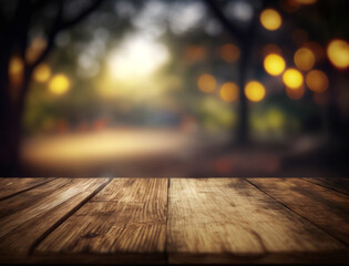Wooden empty top table with blur nature view. Tabletop with light effect bokeh of tree on background. Generative AI