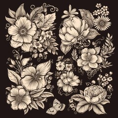 Monochrome floral motifs generative ai