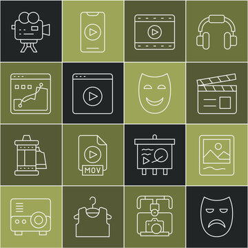 Set line Drama theatrical mask, Photo frame, Movie clapper, Play Video, Online play video, Histogram graph photography, Retro cinema camera and Comedy icon. Vector