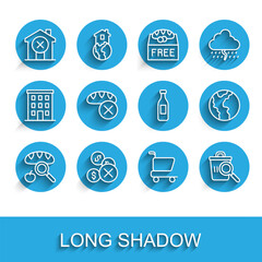 Set line Searching for food, No money, house, Shopping cart, Donation, Global economic crisis and Bottle of water icon. Vector