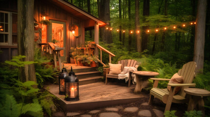 Plakat A mesmerizing photograph of a cozy, private seating area beside a luxurious woodland cabin, perfect for unwinding in nature