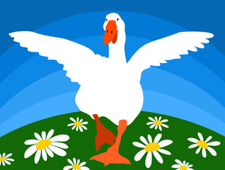 Vector bright illustration with goose running on a field of camomiles. Summer village. Domestic farm animal.