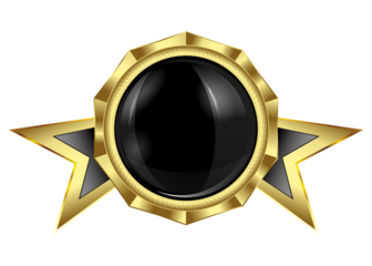 Round sign, logo with gold border.