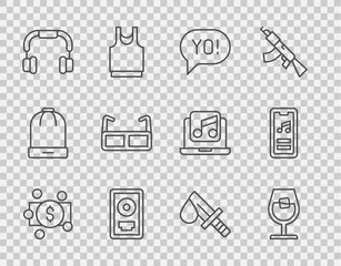 Set line Stacks paper money cash, Wine glass, Yo slang lettering, CD disk award frame, Headphones, Glasses, Bloody knife and Music player icon. Vector