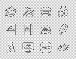 Set line Old money bag, Gold nugget, Mine cart with gold, bars, 24k, and ring icon. Vector
