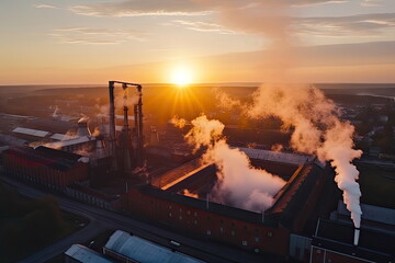 factory with smoke coming out of the chimneys with sunset background