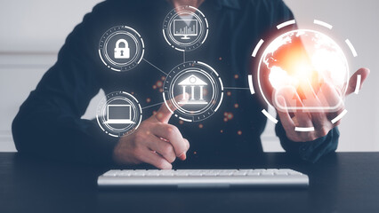 financial investment security concept, businessman working on keyboard and virtual icons system management business process and workflow, performance, monitoring and evaluation, quality