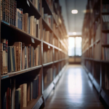 Public library blurred books, books on bookshelf in library, abstract blur defocused background vintage design, Hallway