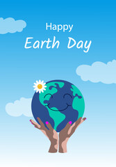 Smiling cartoon Earth in vitiligo woman hands. Happy Earth day  illustration for poster, banner, print, web. Vector