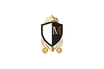 shield home logo design gold crown symbol