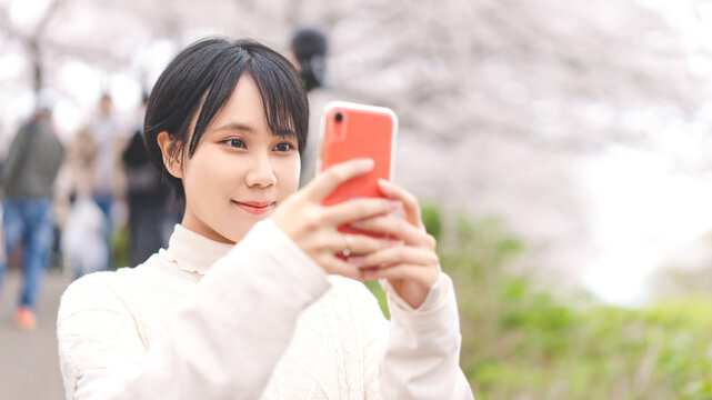 Young adult japanese tourist woman selfie by smartphone with sakura cherry blossom tree background