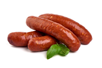 Smoked german sausages, isolated on white background.