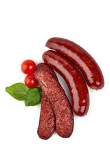 German traditional grilled sausages, close-up, isolated on white background.