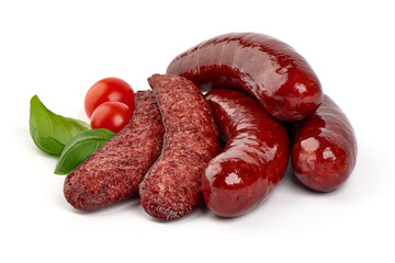 German traditional grilled sausages, close-up, isolated on white background.