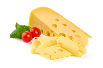 Maasdam cheese, Netherlands cheese, isolated on white background.