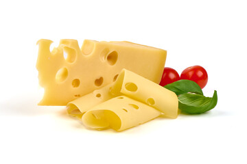 Maasdam cheese, Netherlands cheese, isolated on white background.