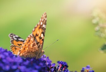 Butterfly on purple flowers in the sunlight