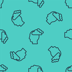 Black line Man having headache, migraine icon isolated seamless pattern on green background. Vector