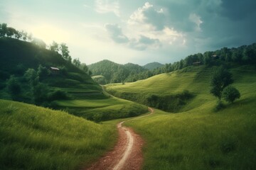 A peaceful countryside with a winding road, Generative AI