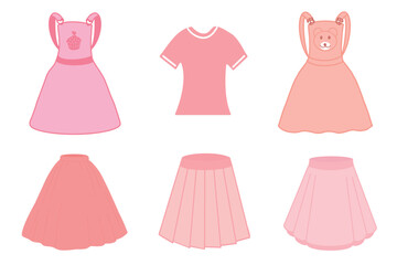 Childrens clothing for girls. Vector set of clothes in pink tones. Colorful illustration 