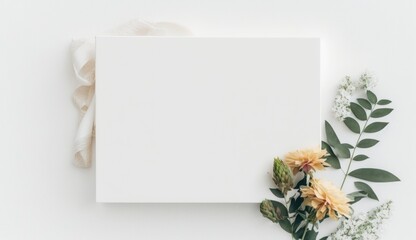 white blank canvas on a white background with flowers, mockup
