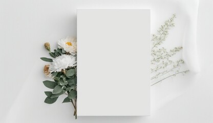white blank canvas on a white background with flowers, mockup