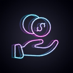 Glowing neon line Donation hand with money icon isolated on black background. Hand give money as donation symbol. Donate money and charity concept. Vector